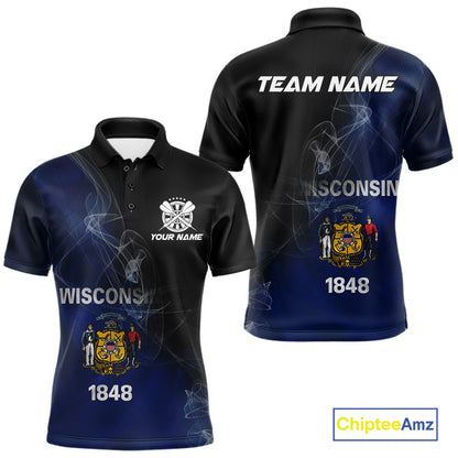 Custom Smoke Flame Wisconsin Flag Patriotic Darts Shirt For Men, Dart League Team Jerseys IPHW10633