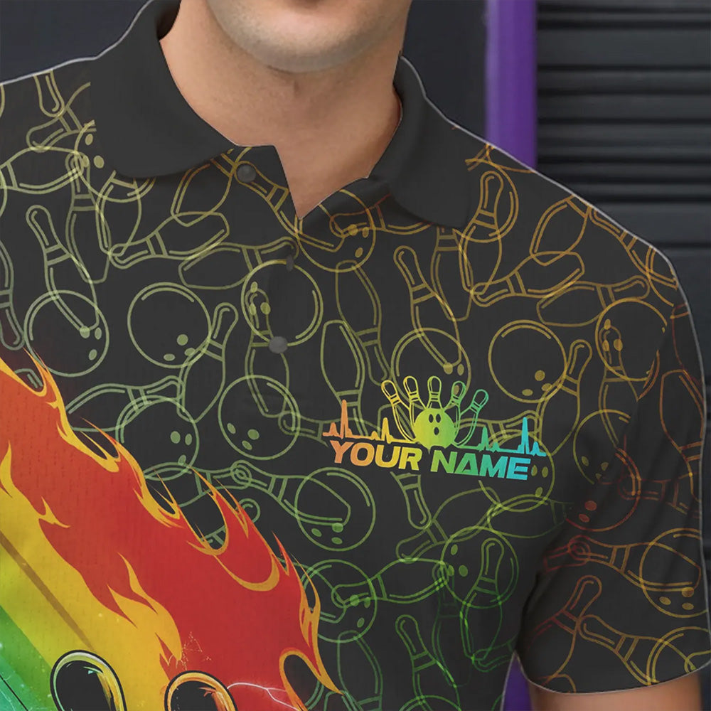 Custom Rainbow Flame Bowling Team Polo Shirts For Men, Colorful Bowling League Shirt IPHW8785