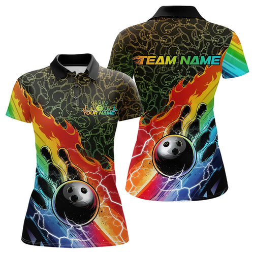Custom Rainbow Flame Bowling Team Polo Shirts For Women, Colorful Bowling League Shirt IPHW8785