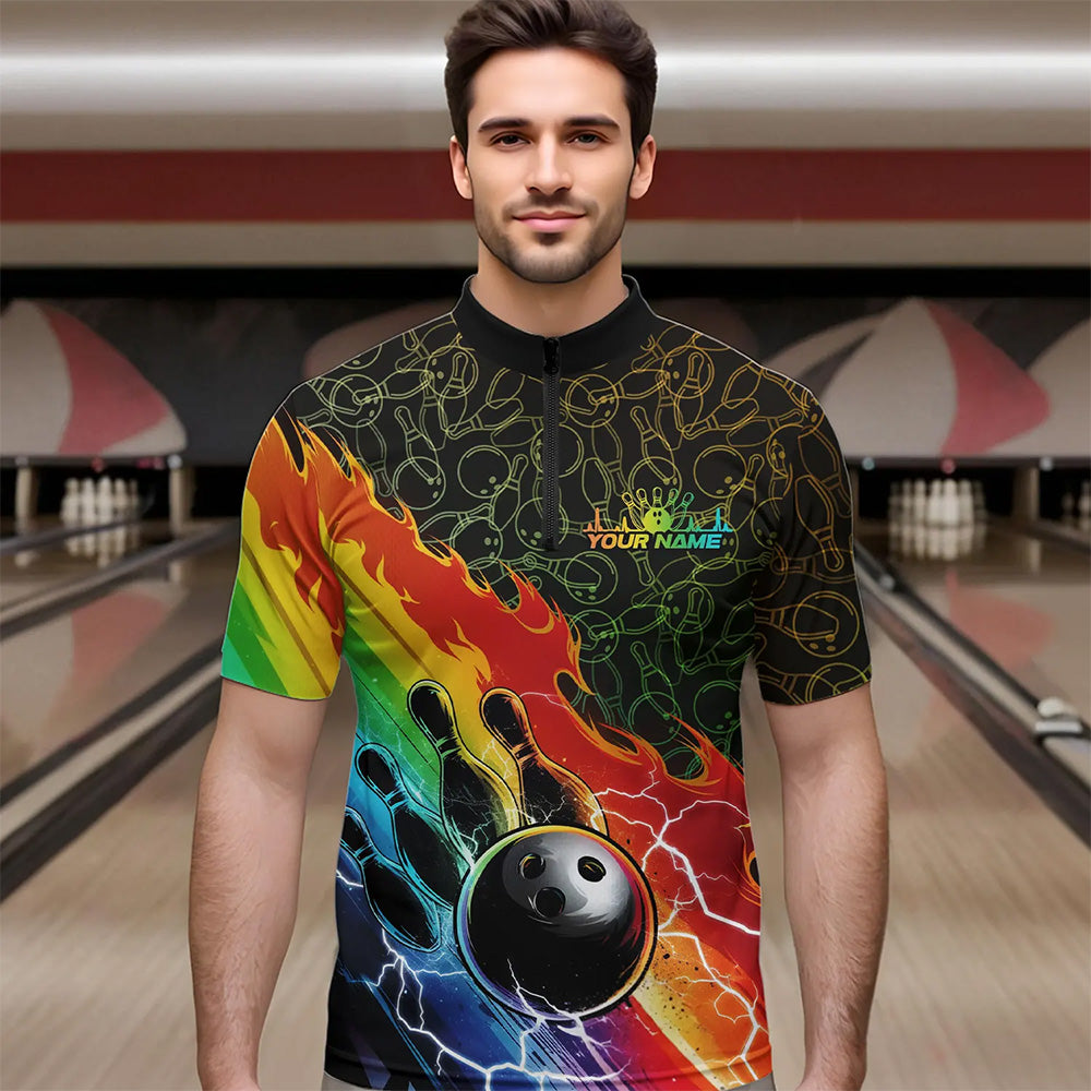 Custom Rainbow Flame Bowling Team Quarter-Zip Shirts For Men, Colorful Bowling League Shirt IPHW8785