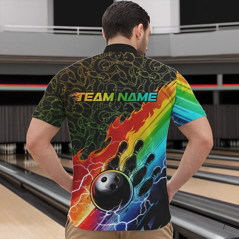 Custom Rainbow Flame Bowling Team Quarter-Zip Shirts For Men, Colorful Bowling League Shirt IPHW8785