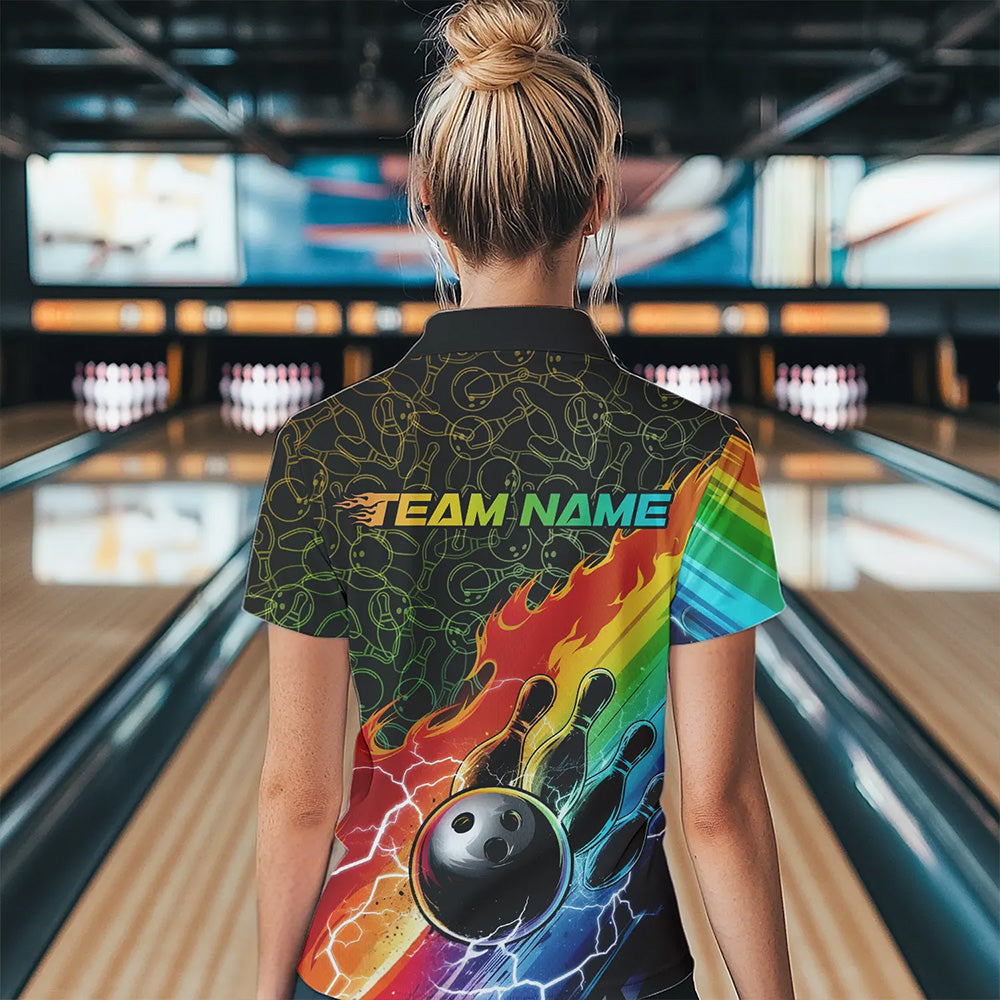 Custom Rainbow Flame Bowling Team Women Quarter-Zip Shirts, Colorful Bowling League Shirt IPHW8785