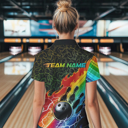 Custom Rainbow Flame Bowling Team Women Quarter-Zip Shirts, Colorful Bowling League Shirt IPHW8785