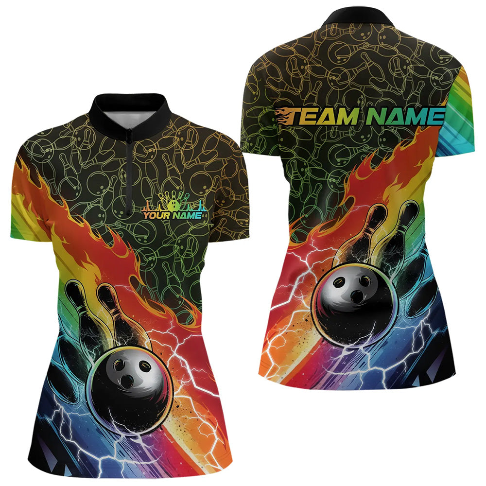 Custom Rainbow Flame Bowling Team Women Quarter-Zip Shirts, Colorful Bowling League Shirt IPHW8785
