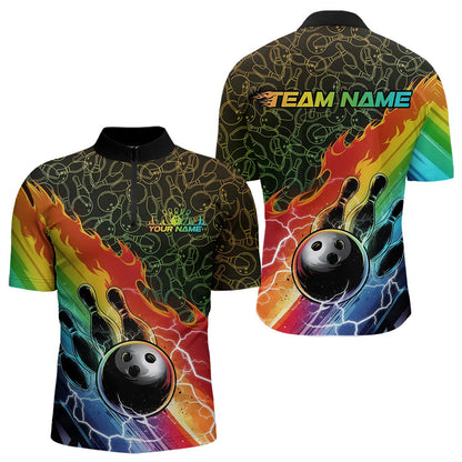 Custom Rainbow Flame Bowling Team Quarter-Zip Shirts For Men, Colorful Bowling League Shirt IPHW8785