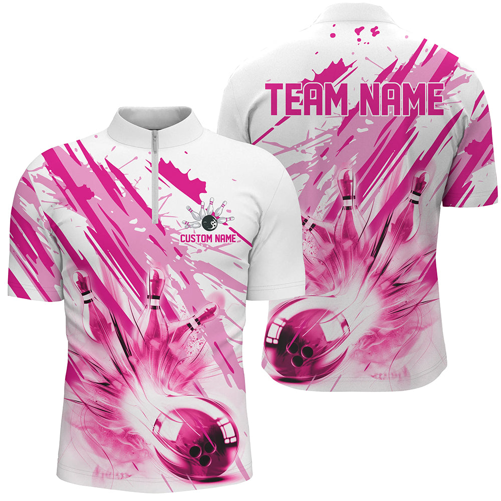 Pink Bowling Strike Custom Bowling Polo/ Quarter Zip Team Shirts, Men And Women Bowling Outfit IPHW6261