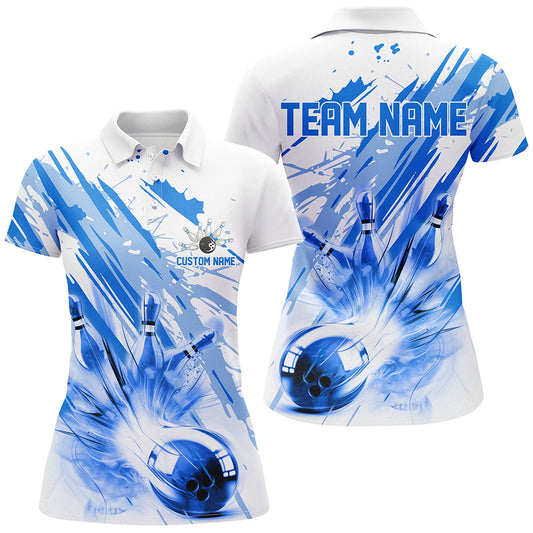 Blue Bowling Strike Custom Bowling Polo/ Quarter Zip Team Shirts, Women Bowling Outfit IPHW6262