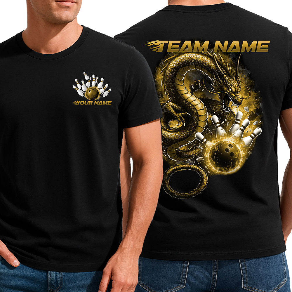 Custom Flame Dragon Bowling T-Shirts For Men, Yellow Fire Bowling Ball Graphics IPHW9067