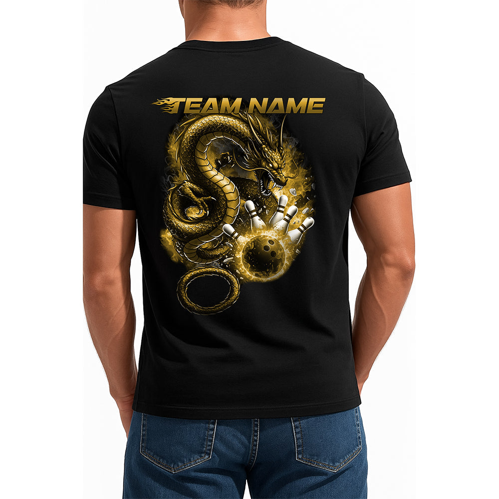 Custom Flame Dragon Bowling T-Shirts For Men, Yellow Fire Bowling Ball Graphics IPHW9067