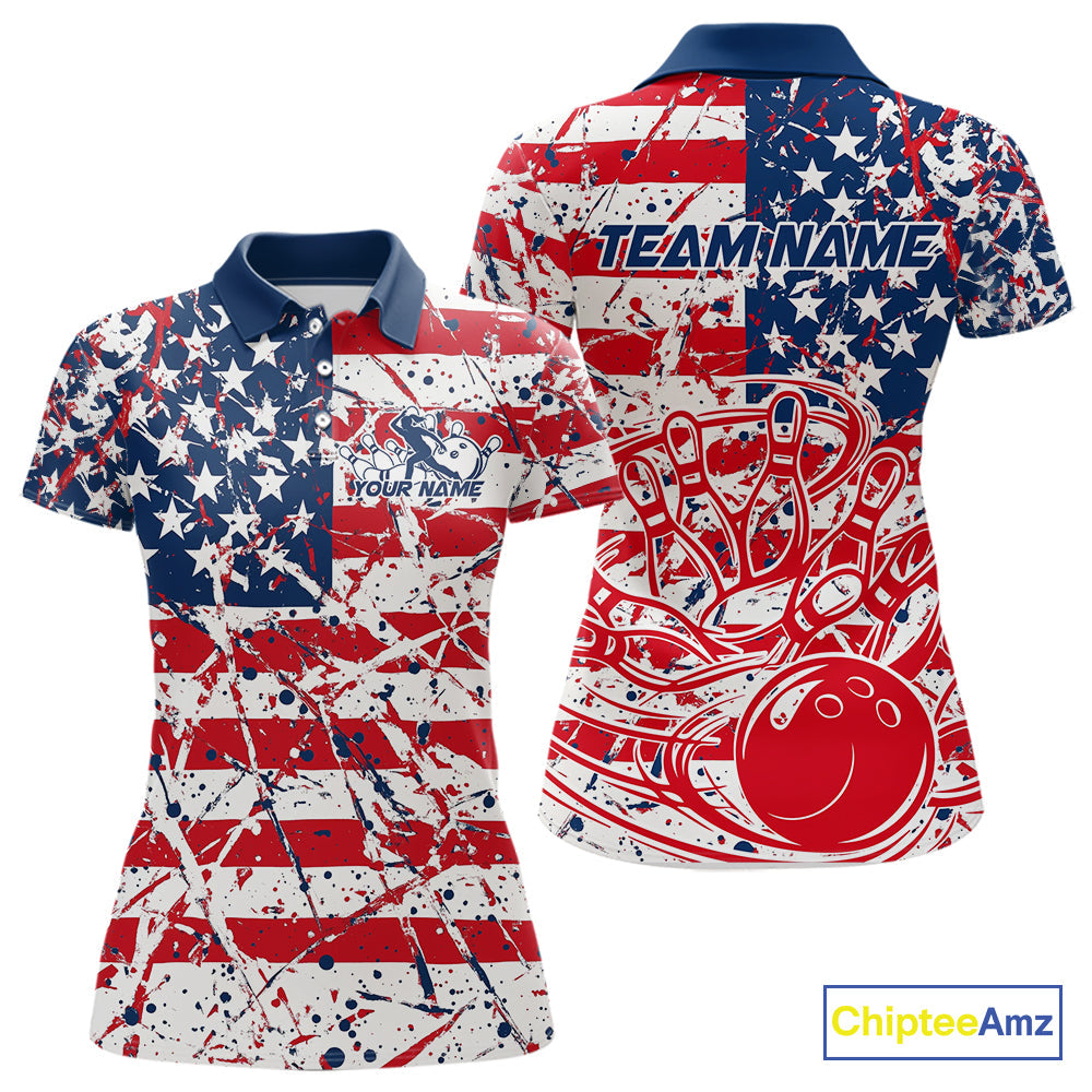 Custom Splatter Patriotic US Flag Bowling Polo Shirts For Women, American Bowling Jersey IPHW9257