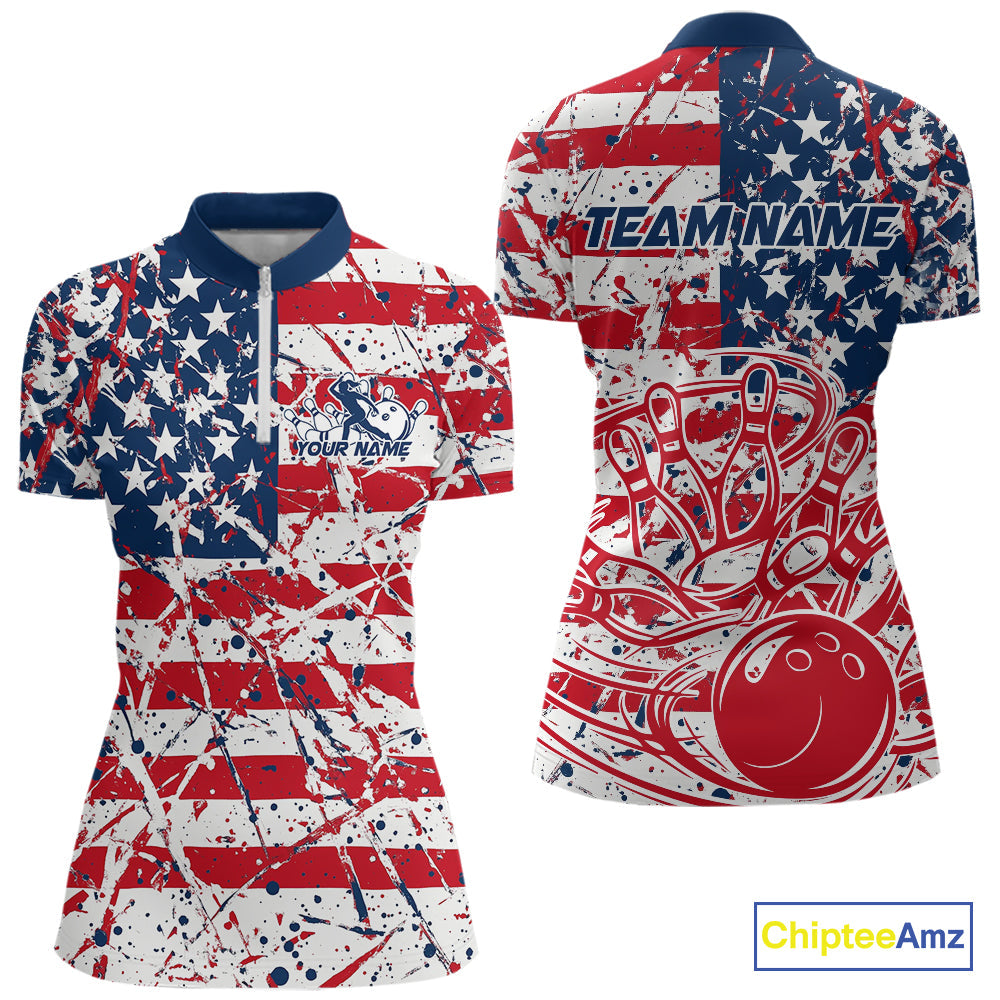 Custom Splatter Patriotic US Flag Bowling Women Quarter-Zip Shirt, US Flag Bowling Jersey IPHW9257