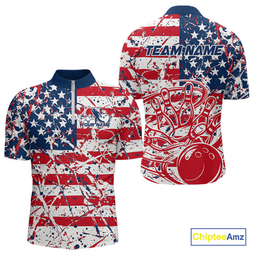 Custom Splatter Patriotic US Flag Bowling Quarter-Zip Shirts For Men, American Bowling Jersey IPHW9257