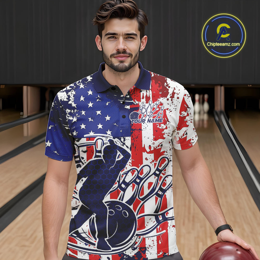 Custom Grunge US Flag Patriotic Bowling Polo Shirts For Men, US Bowling League Shirt IPHW9258