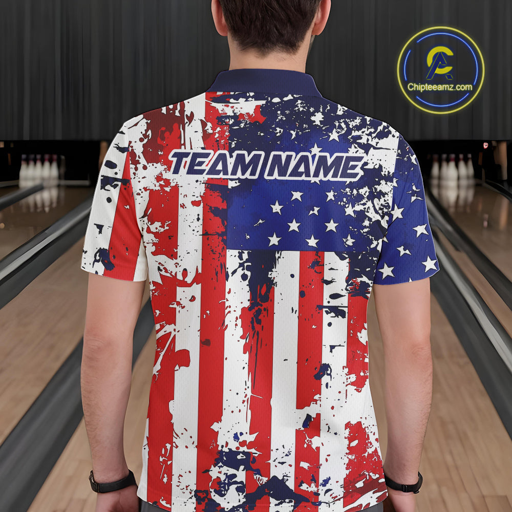 Custom Grunge US Flag Patriotic Bowling Polo Shirts For Men, US Bowling League Shirt IPHW9258