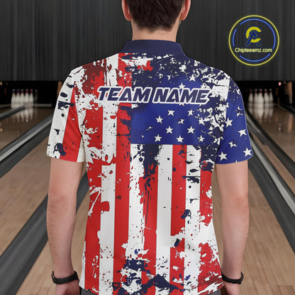 Custom Grunge US Flag Patriotic Bowling Polo Shirts For Men, US Bowling League Shirt IPHW9258