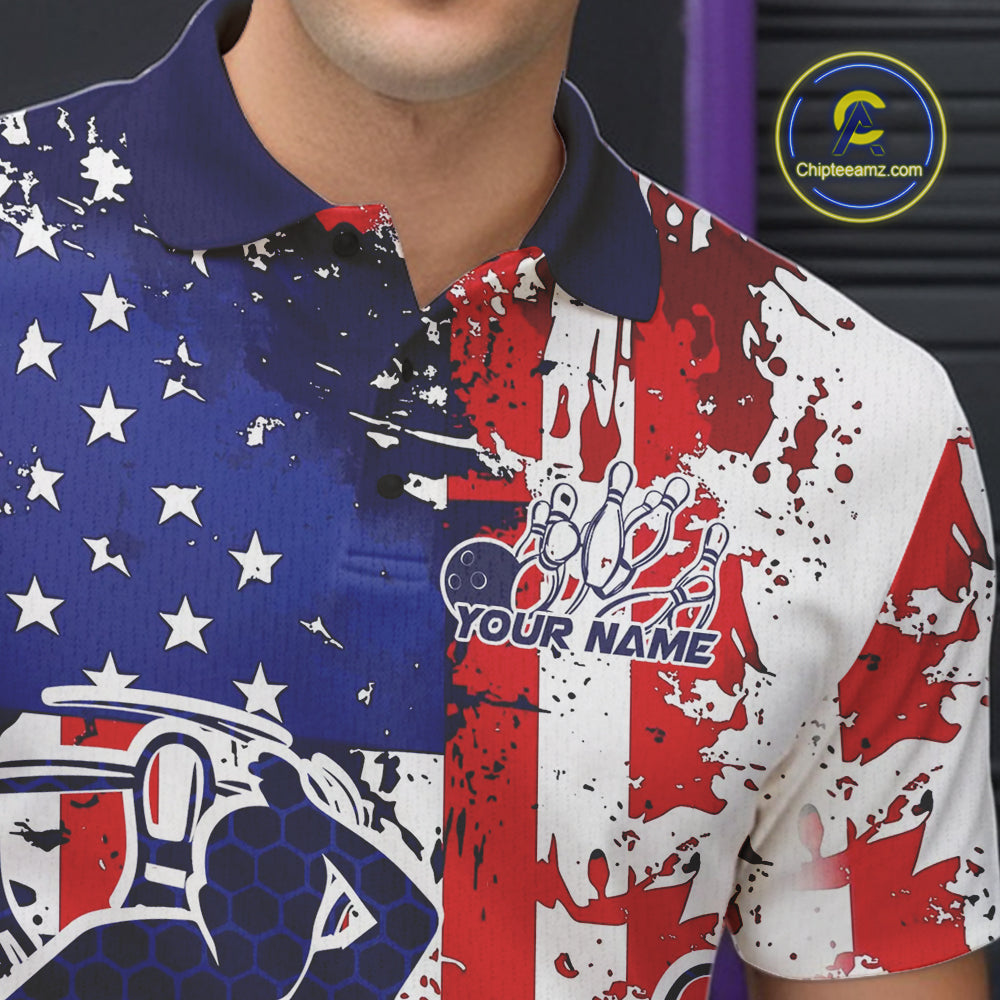 Custom Grunge US Flag Patriotic Bowling Polo Shirts For Men, US Bowling League Shirt IPHW9258