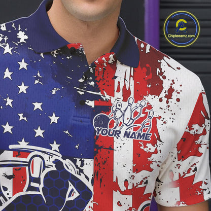 Custom Grunge US Flag Patriotic Bowling Polo Shirts For Men, US Bowling League Shirt IPHW9258