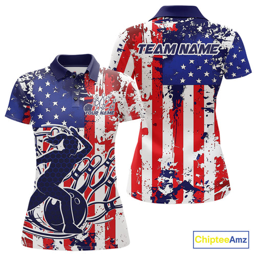 Custom Grunge US Flag Patriotic Bowling Polo Shirts For Women, US Bowling League Shirt IPHW9258