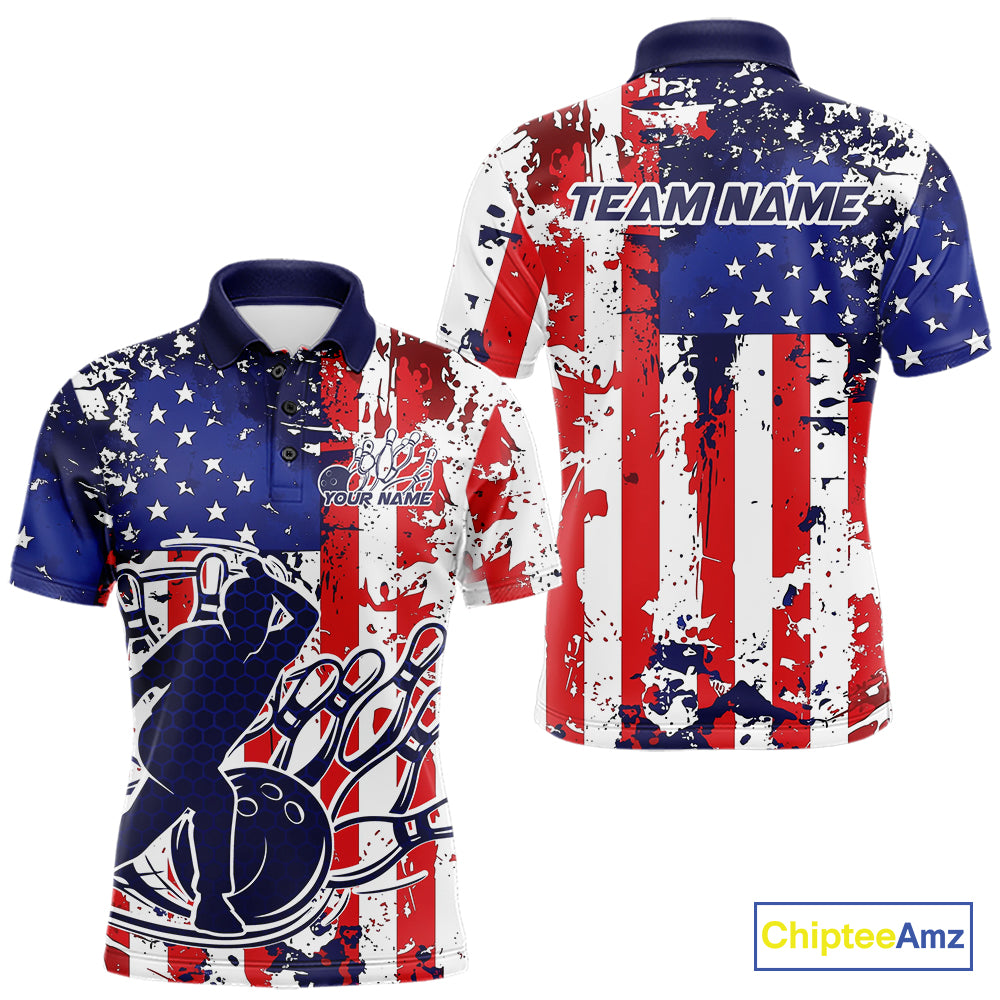 Custom Grunge US Flag Patriotic Bowling Polo Shirts For Men, US Bowling League Shirt IPHW9258