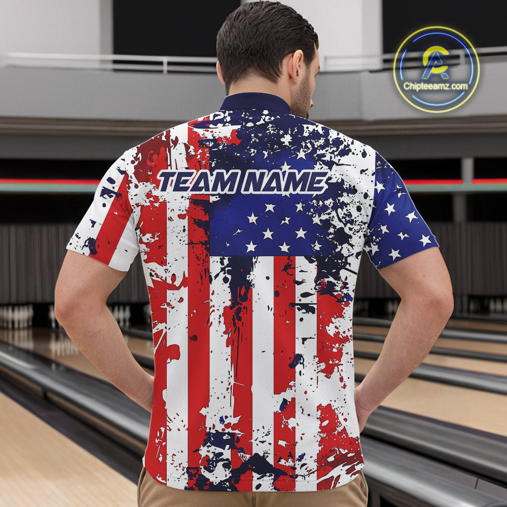 Custom Grunge US Flag Patriotic Bowling Quarter-Zip Shirts For Men, US Bowling League Shirt IPHW9258