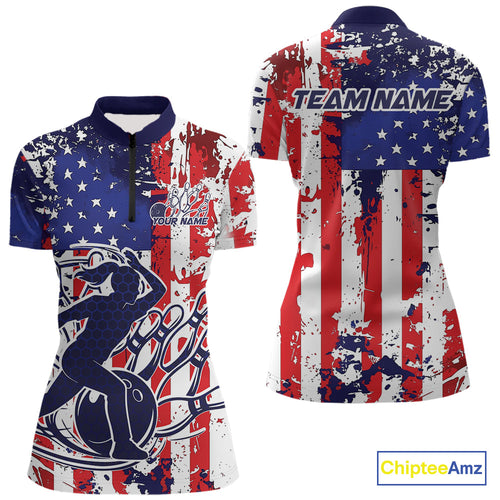 Custom Grunge US Flag Patriotic Bowling Women Quarter-Zip Shirts, US Bowling League Shirt IPHW9258
