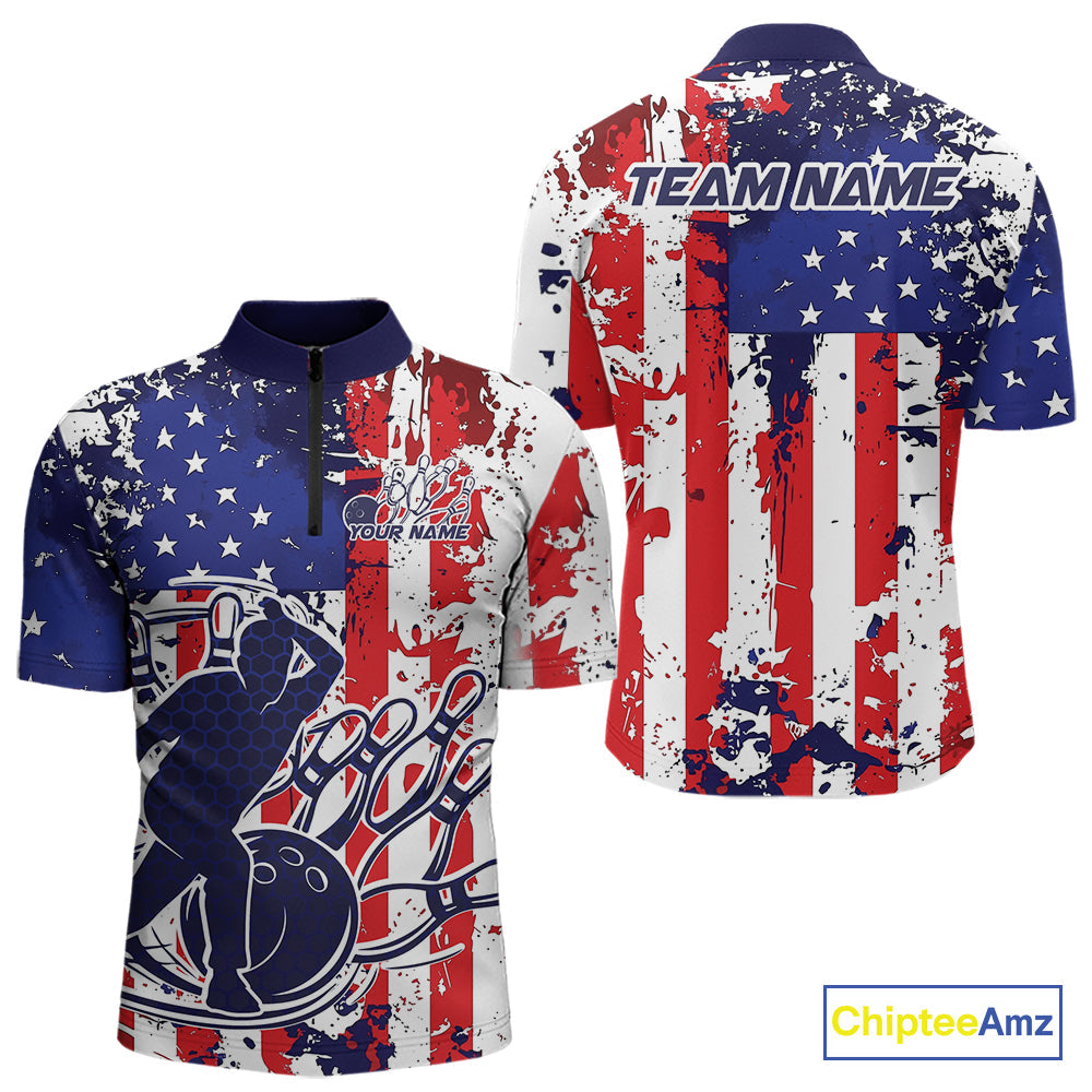 Custom Grunge US Flag Patriotic Bowling Quarter-Zip Shirts For Men, US Bowling League Shirt IPHW9258