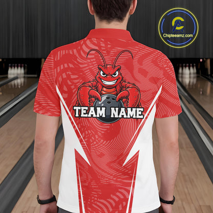 Back view of a male model in a bowling alley wearing a red custom bowling polo shirt with a funny aggressive crawfish holding a bowling ball in a sportswear-style design.