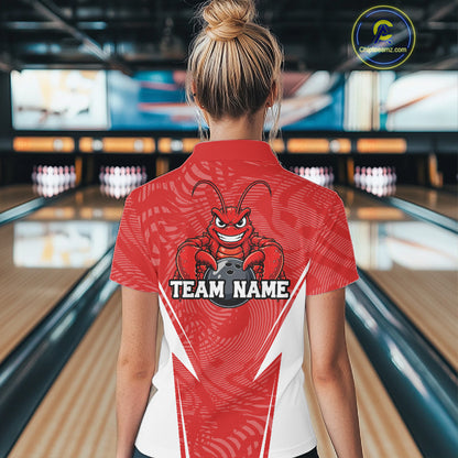 Back view of a female model in a bowling alley wearing a red custom bowling polo shirt with a funny aggressive crawfish holding a bowling ball in a sportswear-style design.