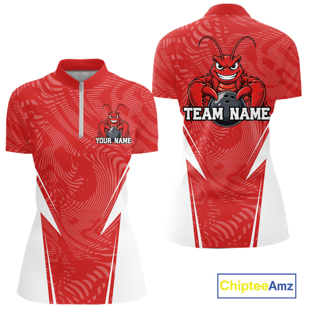 Front and back views of a red custom women's quarter-zip bowling shirt featuring a funny aggressive crawfish holding a bowling ball in a sportswear-style design.