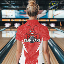Load image into Gallery viewer, Back view of a female model in a bowling alley wearing a red custom quarter-zip bowling shirt with a funny aggressive crawfish holding a bowling ball in a sportswear-style design.