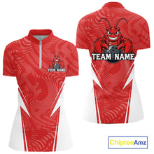 Load image into Gallery viewer, Front and back views of a red custom women's quarter-zip bowling shirt featuring a funny aggressive crawfish holding a bowling ball in a sportswear-style design.