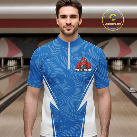 Front view of a male model in a bowling alley wearing a blue custom quarter-zip bowling shirt with a funny aggressive crawfish holding a bowling ball in a sportswear-style design.