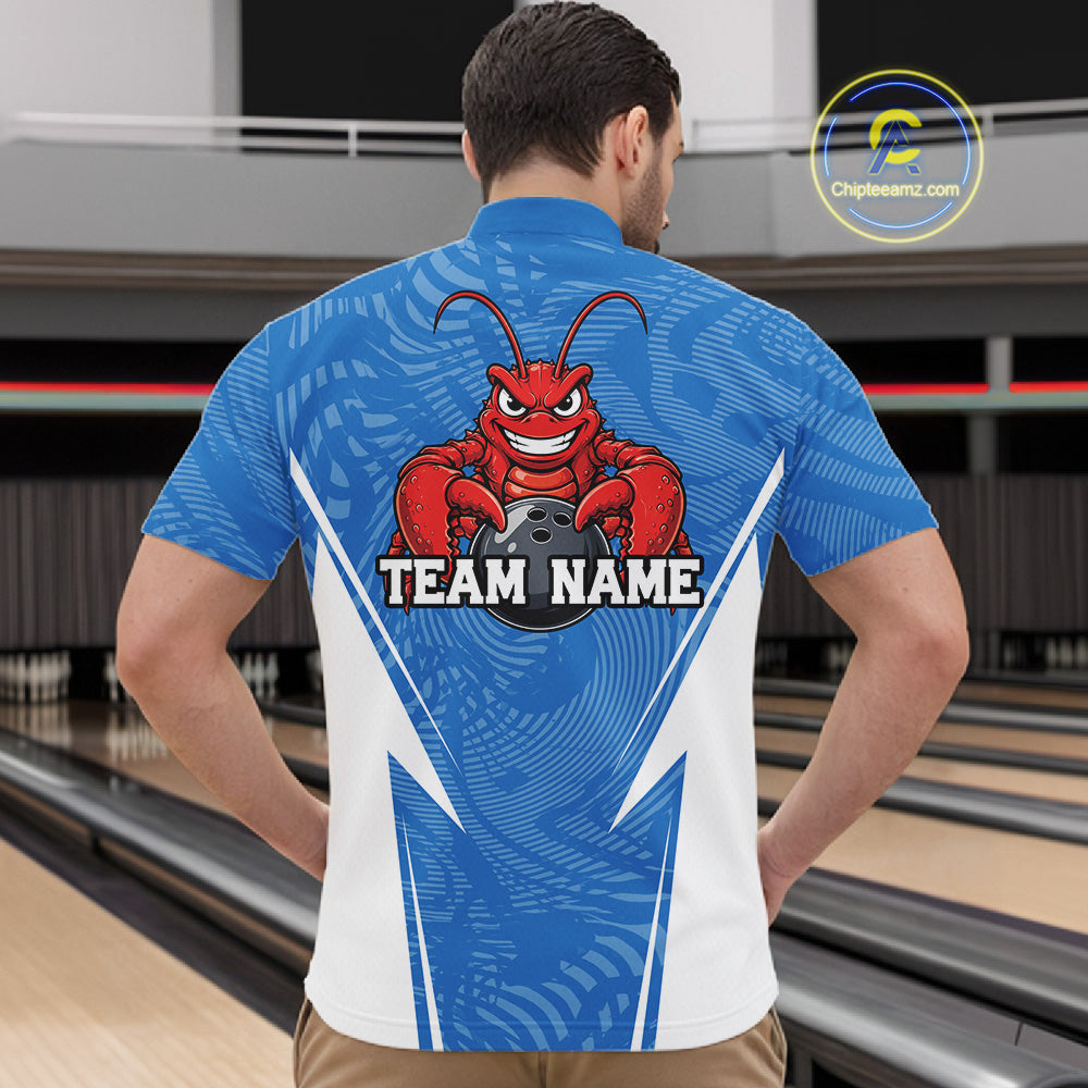 Back view of a male model in a bowling alley wearing a blue custom quarter-zip bowling shirt with a funny aggressive crawfish holding a bowling ball in a sportswear-style design.