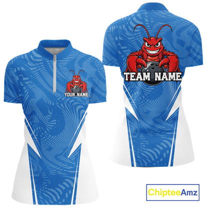 Front and back views of a blue custom women's quarter-zip bowling shirt featuring a funny aggressive crawfish holding a bowling ball in a sportswear-style design.