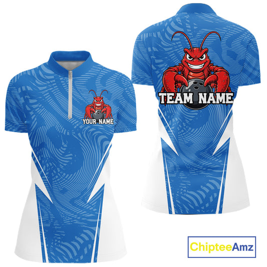 Front and back views of a blue custom women's quarter-zip bowling shirt featuring a funny aggressive crawfish holding a bowling ball in a sportswear-style design.
