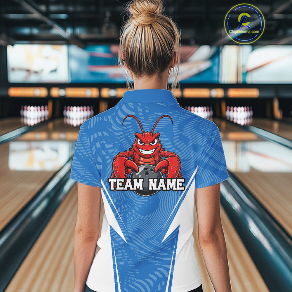 Back view of a female model in a bowling alley wearing a blue custom quarter-zip bowling shirt with a funny aggressive crawfish holding a bowling ball in a sportswear-style design.