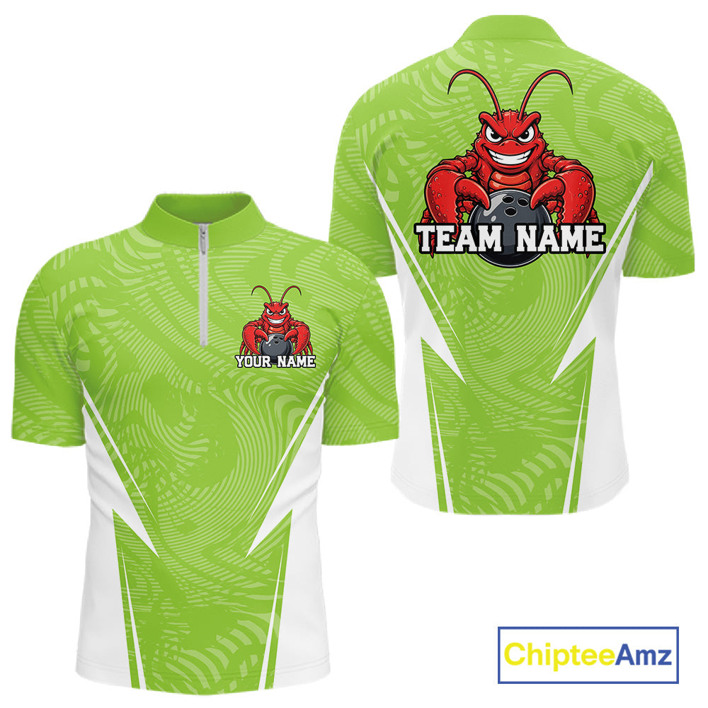 Front and back views of a light green custom quarter-zip bowling shirt featuring a funny aggressive crawfish holding a bowling ball in a sportswear-style design.