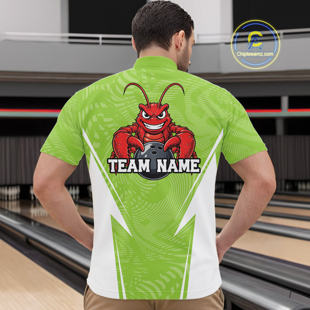 Back view of a male model in a bowling alley wearing a light green custom quarter-zip bowling shirt with a funny aggressive crawfish holding a bowling ball in a sportswear-style design.