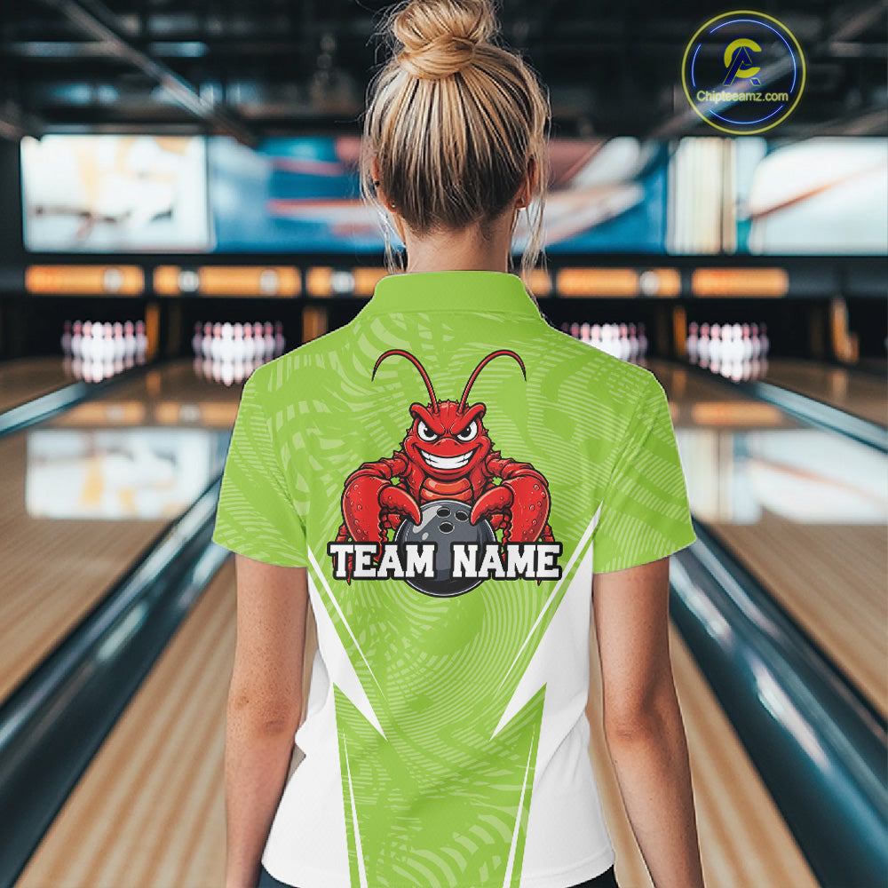 Back view of a female model in a bowling alley wearing a light green custom quarter-zip bowling shirt with a funny aggressive crawfish holding a bowling ball in a sportswear-style design.