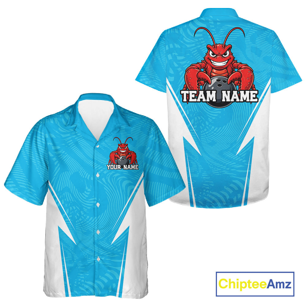 Front and back views of a blue custom bowling button-up shirt featuring a funny aggressive crawfish holding a bowling ball in a sporty design style.