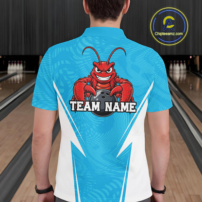 Back view of a male model in a bowling alley wearing a blue custom bowling polo shirt with a funny aggressive crawfish holding a bowling ball in a sportswear-style design.