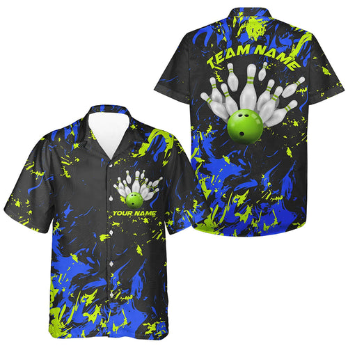 Custom Black, Blue And Green Bowling Men Hawaiian Shirts, Team Jerseys Bowling Pin And Ball IPHW5183