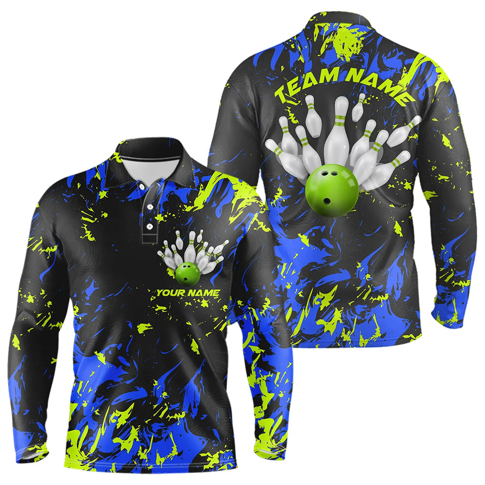 Custom Black, Blue And Green Bowling Men Long Sleeve Polo Shirts, Team Jerseys Bowling Pin And Ball IPHW5183