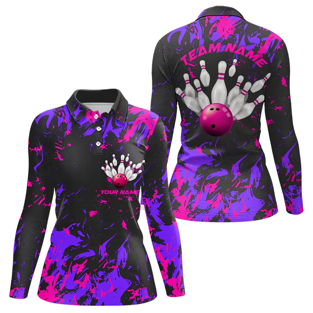 Purple And Pink Camo Custom Women Long Sleeve Polo Shirts Bowling League Shirts IPHW5365