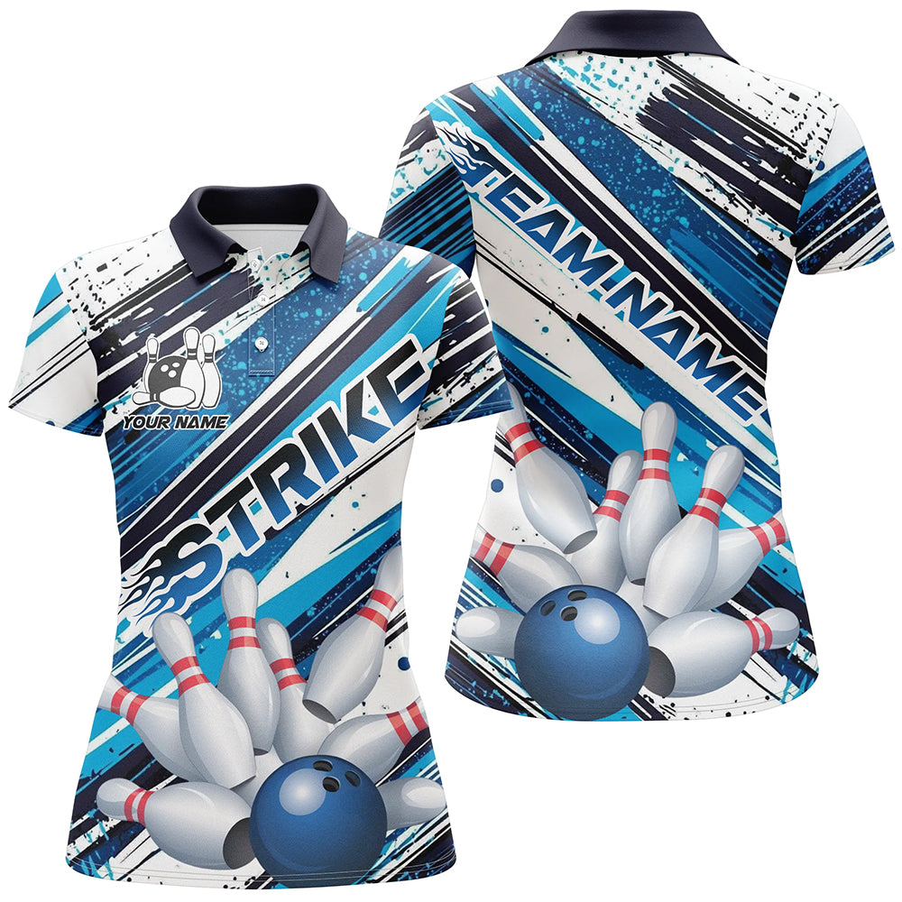 Blue Diagonal Stripes Custom Bowling Shirts For Women, Bowling Jerseys Team Uniform IPHW7642