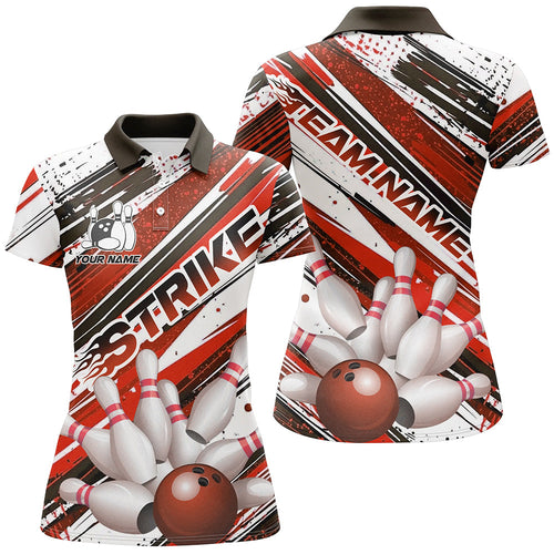 Red Diagonal Stripes Custom Bowling Shirts For Women, Bowling Jerseys Team Uniform IPHW7643