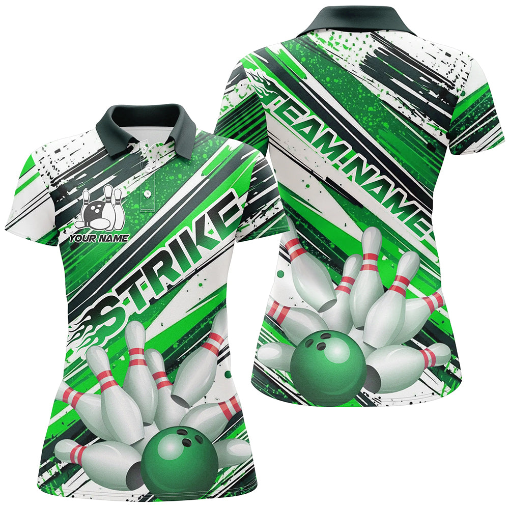 Green Diagonal Stripes Custom Bowling Shirts For Women, Bowling Jerseys Team Uniform IPHW7644