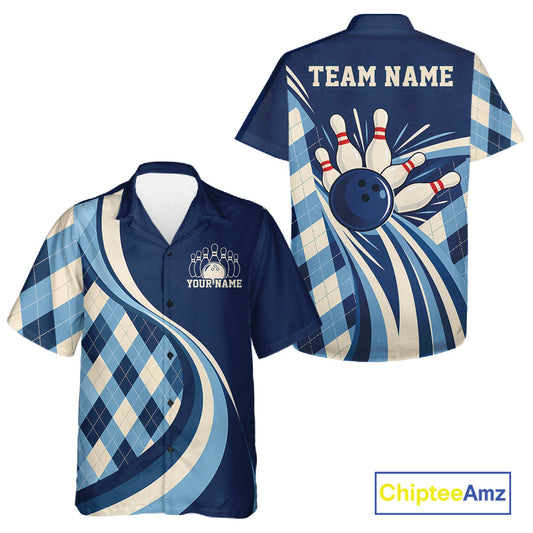 Custom Blue Argyle Pattern Retro Bowling Men And Women Button Up Shirt, Bowling Team League Shirt IPHW12370