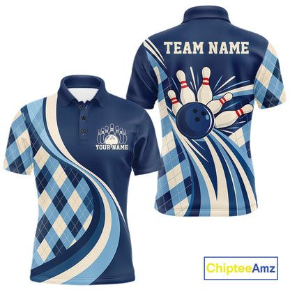 Custom Blue Argyle Pattern Retro Bowling Men Polo Shirt, Bowling Team League Shirt IPHW12370