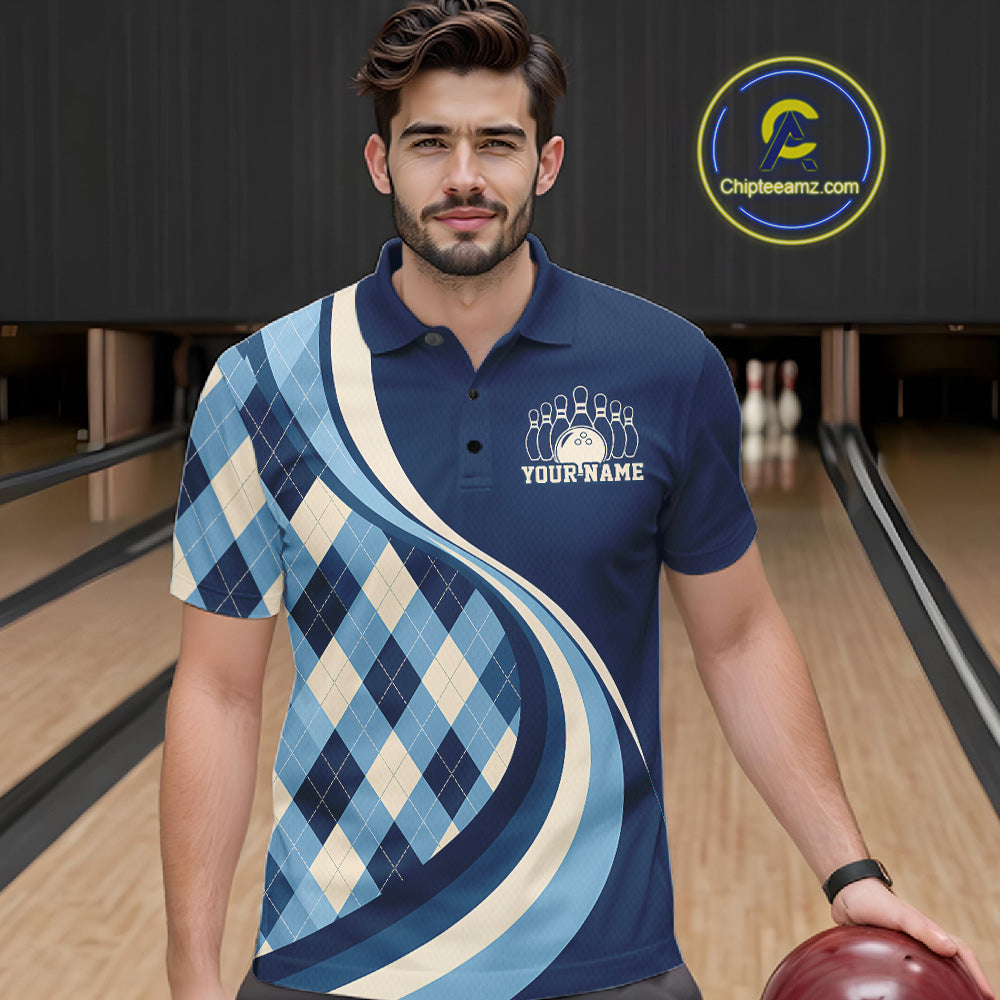 Custom Blue Argyle Pattern Retro Bowling Men Polo Shirt, Bowling Team League Shirt IPHW12370